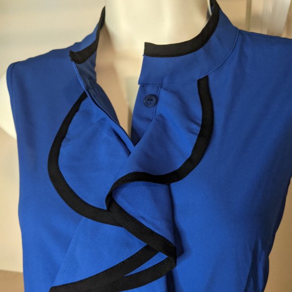 Calvin Klein Cerulean with Black Hem Detail Button Down Sleeveless Blouse - Picture 3 of 5